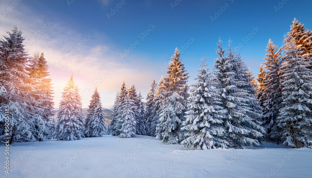 Pine trees covered with snow on frosty evening. Beautiful winter panorama Pine trees covered with snow on frosty evening. Beautiful winter panorama