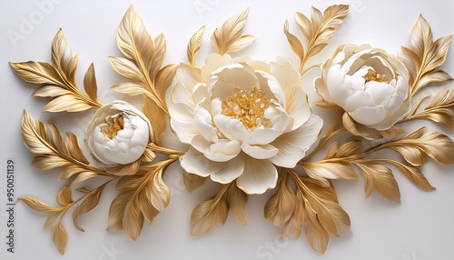 Peonies in stucco are adorned with golden leaves and buds on a white background.