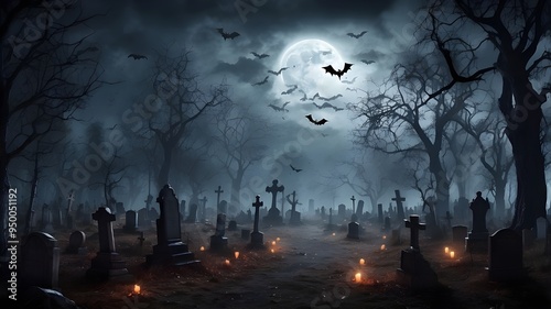 Haunted forest graveyard with bats and terrifying trees hosts a spooky Halloween. Background for Happy Halloween.