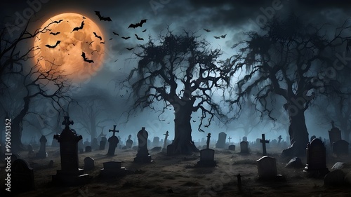 Haunted forest graveyard with bats and terrifying trees hosts a spooky Halloween. Background for Happy Halloween.