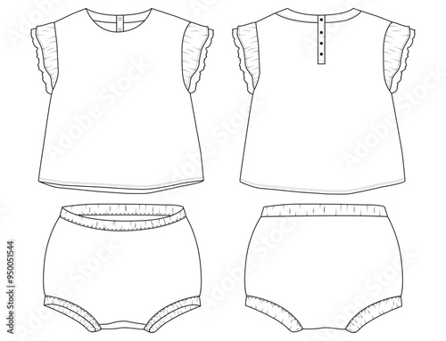 Baby girls dress design technical Flat sketch KIDS WEAR TEE AND SHORT PAJAMA SET FASHION FLAT DESIGN VECTOR illustration template