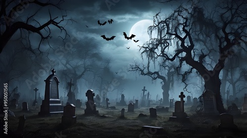 Haunted forest graveyard with bats and terrifying trees hosts a spooky Halloween. Background for Happy Halloween.