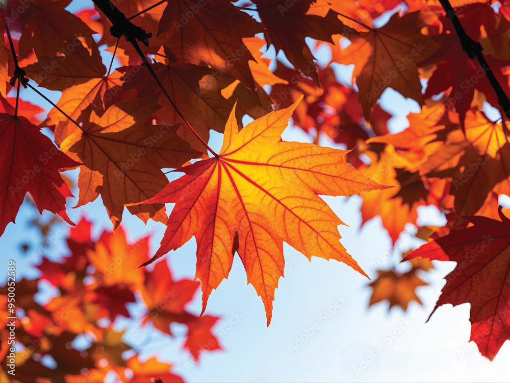 Vibrant autumn leaves illuminated by sunlight, showcasing warm hues of orange and yellow