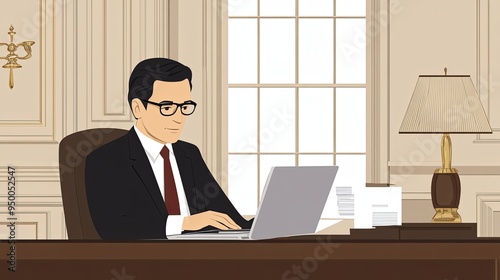 Elegant Lawyer in Prestigious Office: Glasses, Laptop, Legal Documents, Minimalist Aesthetics, Legal Commentary Space