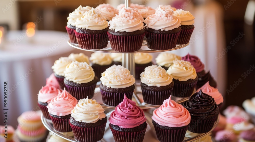 A display of cupcakes arranged on a tiered stand, perfect for a wedding or celebration. A display of cupcakes arranged on a tiered stand, perfect for a wedding or celebration.