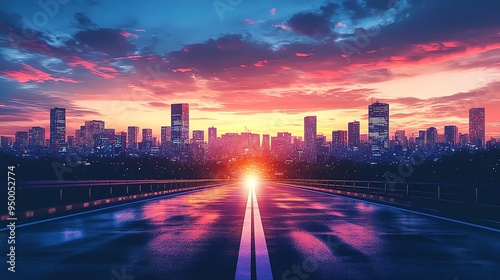 A road with a view of a city skyline at dusk, glowing lights and silhouettes, modern and dynamic, isolated on white background
