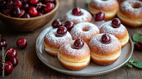 White Plate Holding Arranged Donuts with Powdered Sugar and Cherries, Alongside Bowl Brimming with Cherries, Highlighting a Sweet Treat.