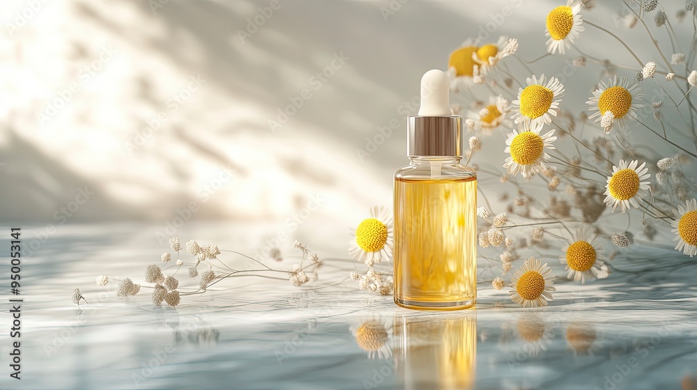 Cosmetic bottle with serum with floral extracts craspedia flowers. Skin care cosmetic. Hyaluronic acid oil, serum with collagen and peptides. Generative Ai Cosmetic bottle with serum with floral extracts craspedia flowers. Skin care cosmetic. Hyaluronic acid oil, serum with collagen and peptides. Generative Ai