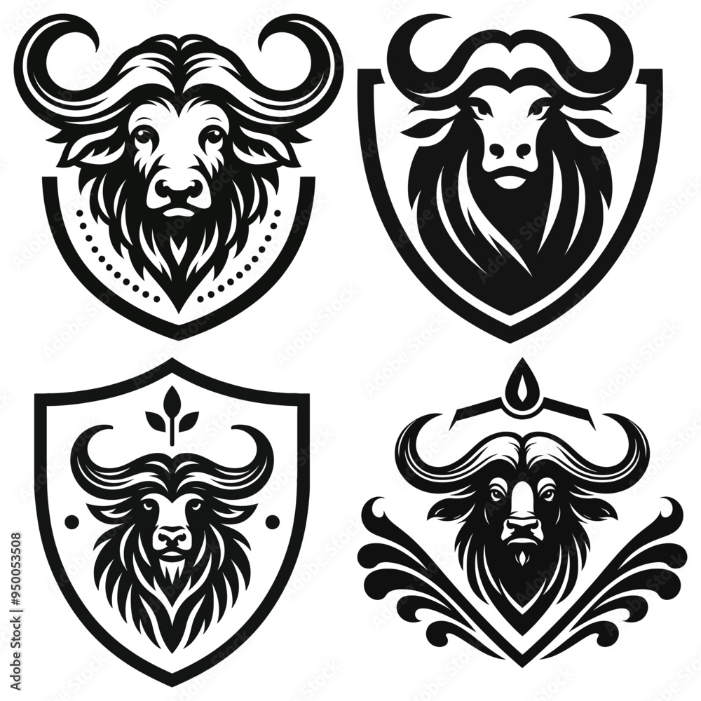 Obraz premium Buffalo head emblems in black and white, vector illustration, ideal for logos or tattoos