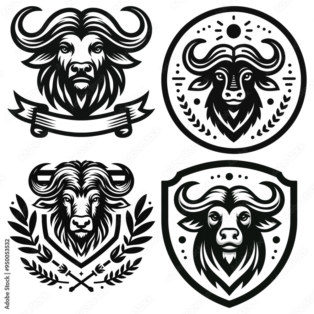 Buffalo head emblems in black and white, vector illustration, suitable for logos and branding Buffalo head emblems in black and white, vector illustration, suitable for logos and branding