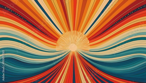 Retro 60s and 70s groovy carnival background. Sun and rainbow swirl pattern, vintage poster vibes. Funky ray elements, circle motifs, reminiscent of circus themes