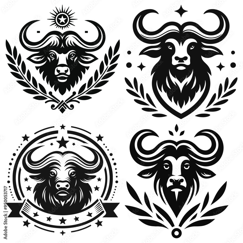 Obraz premium Abstract buffalo head vector icons illustration black and white emblem design, perfect for logos