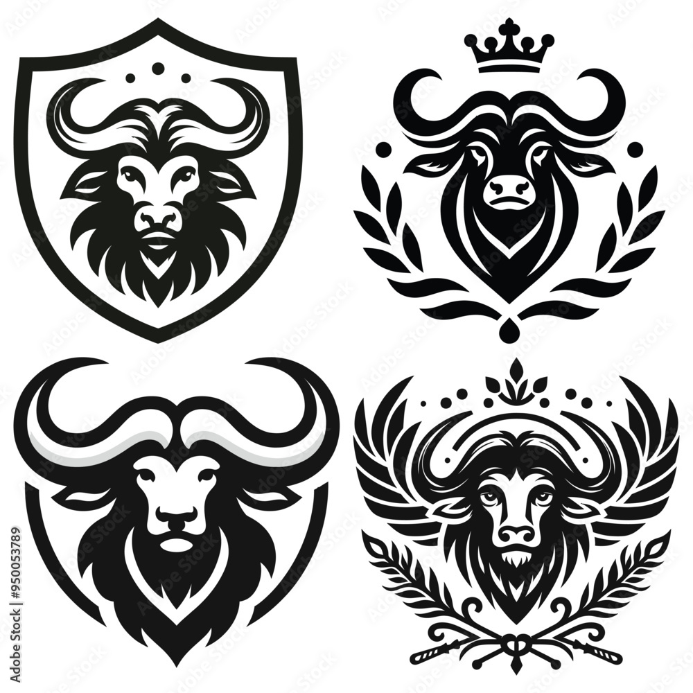 Fototapeta premium Buffalo emblem designs, black and white vector illustration, perfect for logos, branding, badges