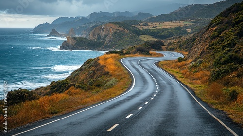 A winding coastal road with ocean views, dramatic and scenic, highdetail realism, isolated on white background