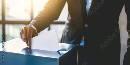 A man is putting a piece of paper into a box. The box is blue and has a white label. The man is wearing a suit and tie