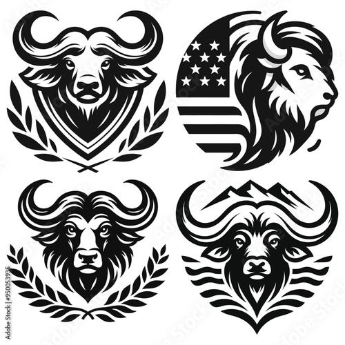 Stylized buffalo and bison logos vector illustration black and white isolated on white backgrounds