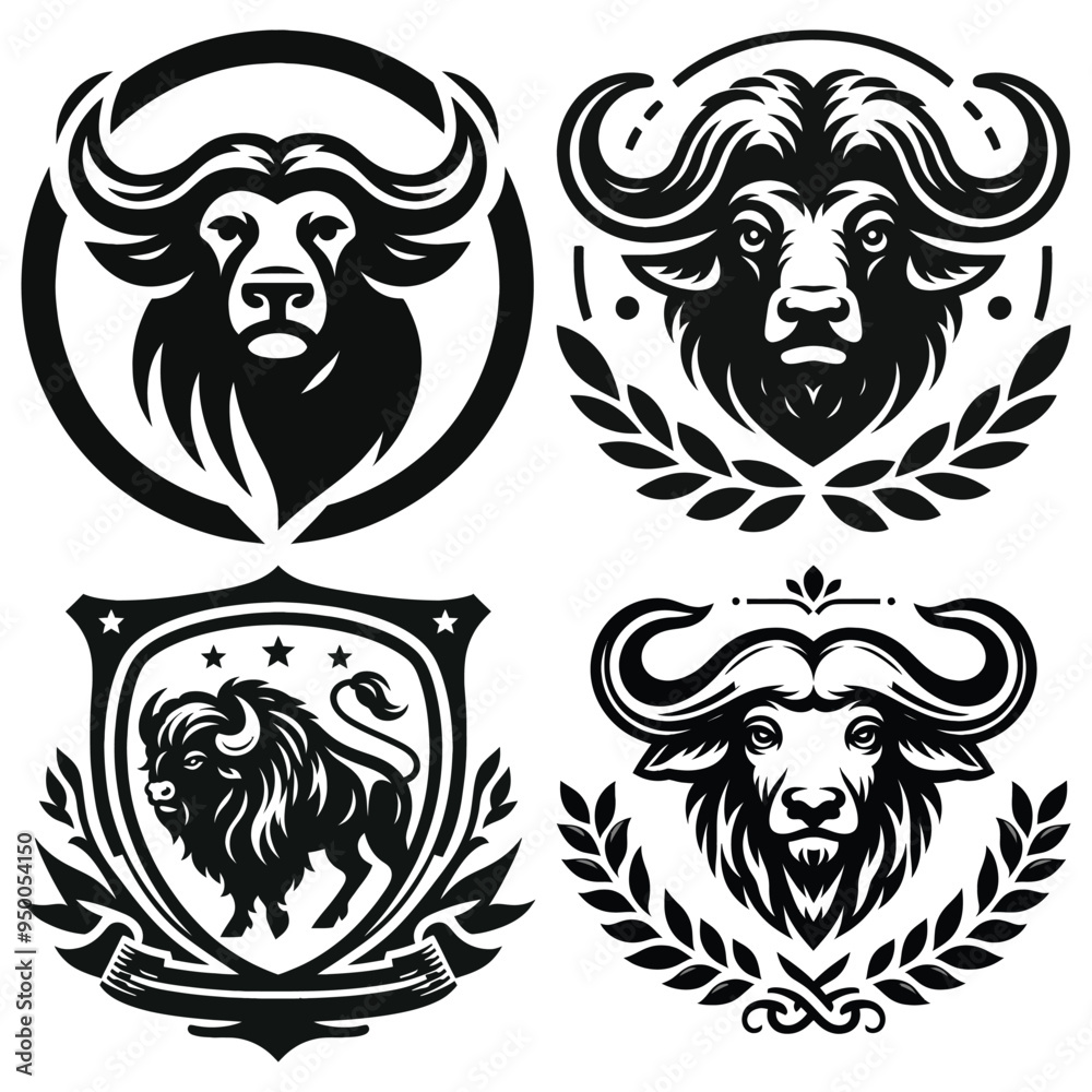Buffalo emblem designs in black and white, vector illustrations, ideal for logos and badges