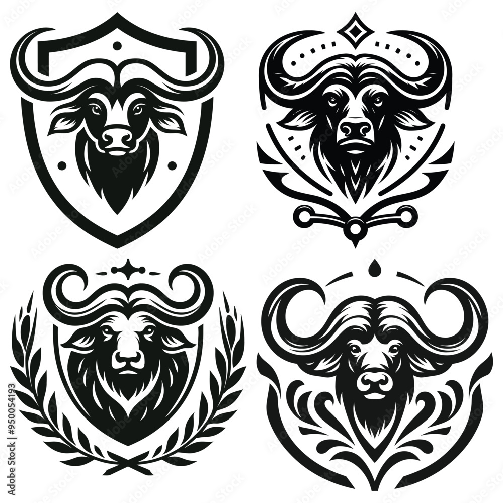 Fototapeta premium Stylized buffalo head logos, black and white vector art, representing power and majesty
