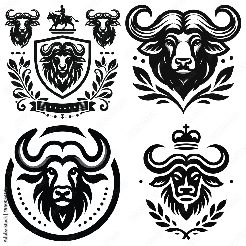 Fototapeta premium Buffalo emblem collection vector illustration, black and white, perfect for logos or branding