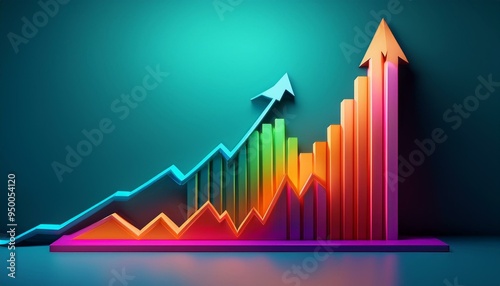 Scaling New Heights A 3D rendering of a vibrant bar graph, symbolizing exponential growth and progress, with an upward arrow pointing towards success.