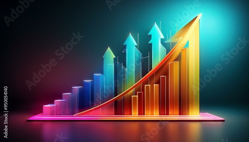 Scaling New Heights A 3D rendering of a vibrant bar graph, symbolizing exponential growth and progress, with an upward arrow pointing towards success.