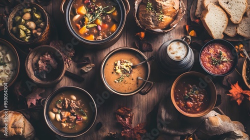 A rustic table setting with bowls of hearty soup, bread, and fall leaves.