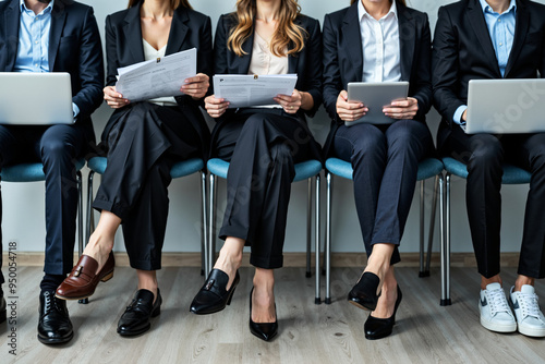 Job Seekers' Legs: Diverse Professionals Await Interviews with Resumes and Laptops - Perfect for HR Recruitment