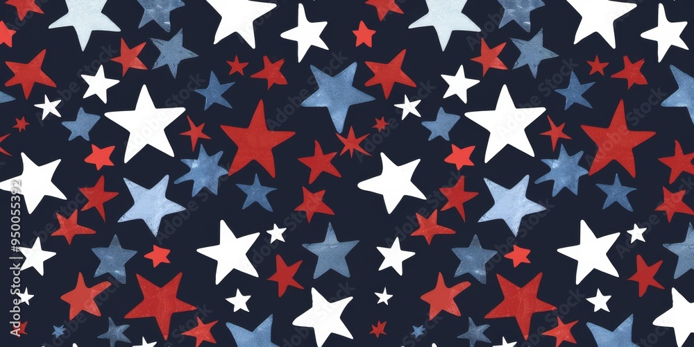 Obraz premium A starry night sky with red, white, and blue stars. The stars are scattered throughout the sky, creating a sense of movement and depth. The colors of the stars contrast with the dark blue background