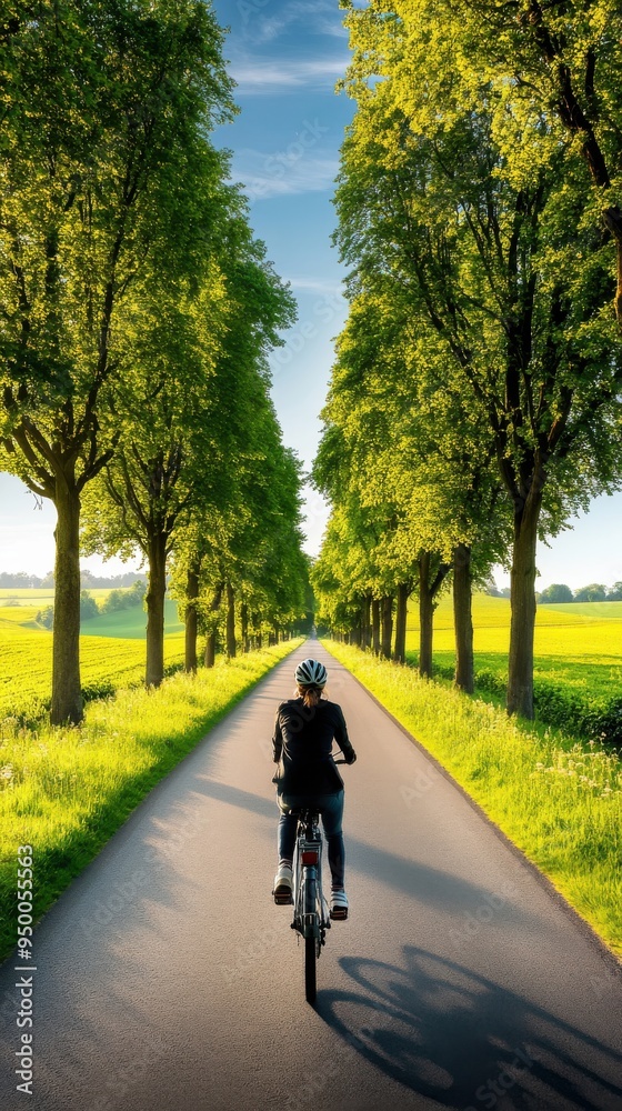 Obraz premium A traveler slowly biking through a peaceful countryside road lined with tall trees and fields, with no cars or crowds in sight, capturing the essence of quiet and inexpensive travel
