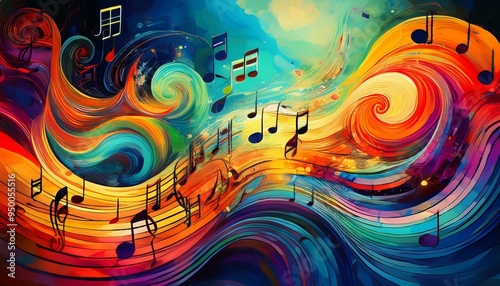 Symphony of Color Where Music Takes Flight - A vibrant abstract of musical notes dancing on waves of color.