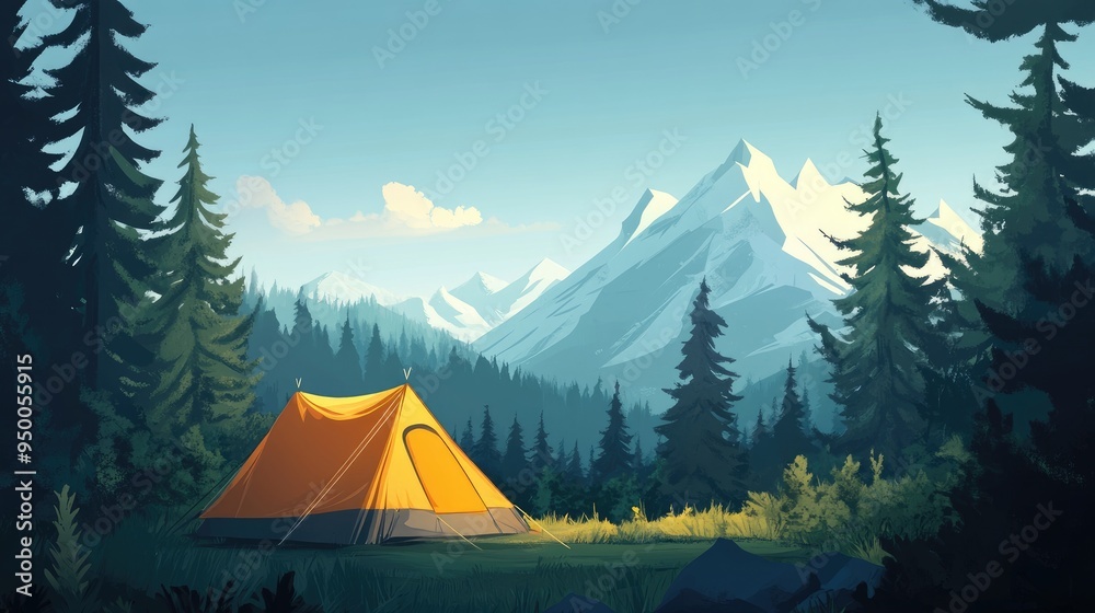 Playful cartoon-style camping in the mountains, featuring a tent and a serene view of the surrounding peaks. Playful cartoon-style camping in the mountains, featuring a tent and a serene view of the surrounding peaks.