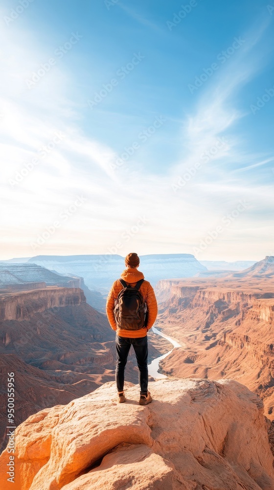 A traveler standing at the edge of a canyon, looking out over the vast landscape, symbolizing discovery A traveler standing at the edge of a canyon, looking out over the vast landscape, symbolizing discovery