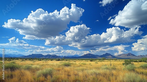 Cumulus clouds forming above a scenic desert landscape, with the dry, clean air creating sharp contrasts in the scenery, Cumulus Scenic Air, Desert calm