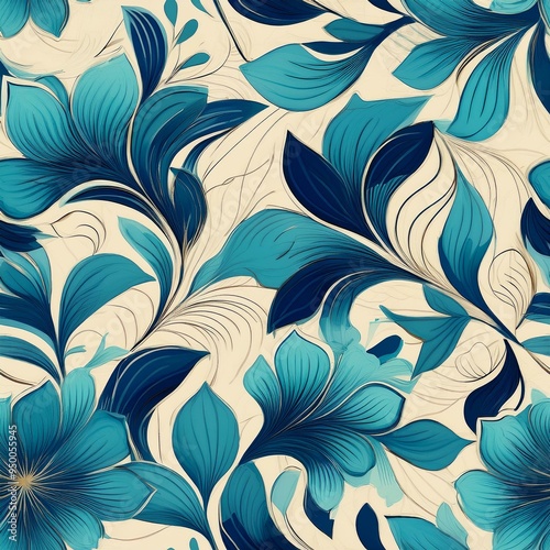 The abstract blue flower art seamless pattern is a trending contemporary illustration of nature's shape. The organic leaves of the tree are portrayed in an abstract art style. Vintage spring