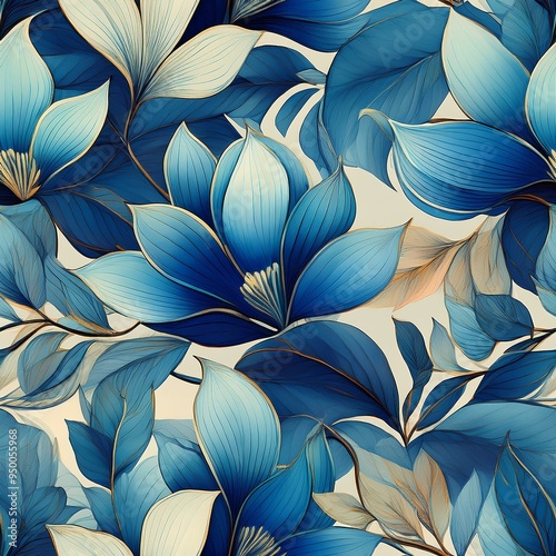 The abstract blue flower art seamless pattern is a trending contemporary illustration of nature's shape. The organic leaves of the tree are portrayed in an abstract art style. Vintage spring