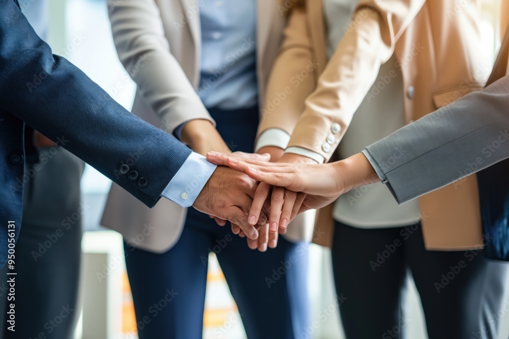 Group of adults standing together at office. Hands clasped, business professionals unity, cooperation. Colleagues in meeting, discussing agreements, ideas. Man, woman colleagues in pro attire, Group of adults standing together at office. Hands clasped, business professionals unity, cooperation. Colleagues in meeting, discussing agreements, ideas. Man, woman colleagues in pro attire,