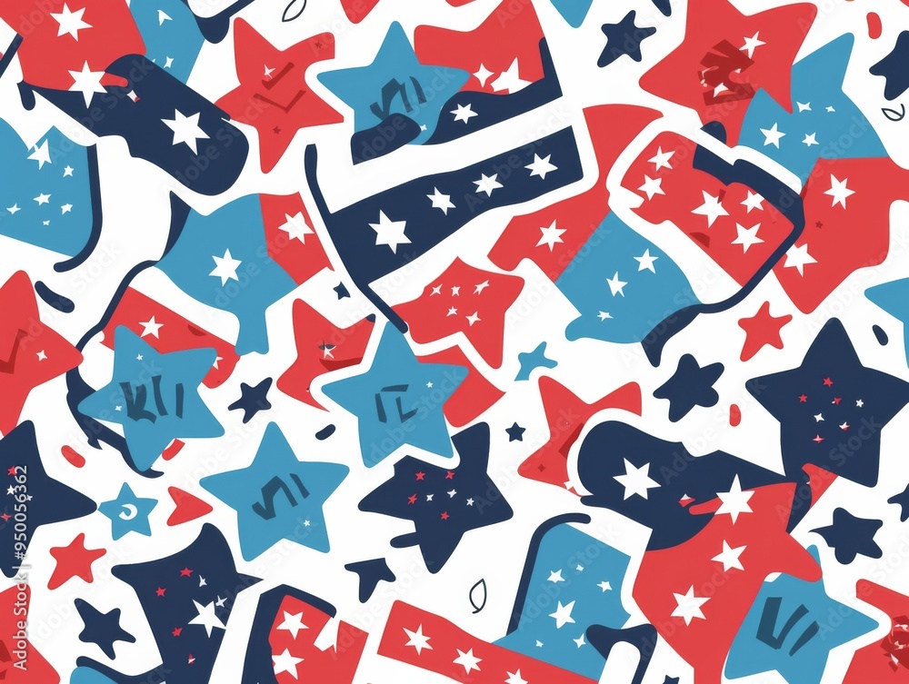A colorful pattern of stars and flags with the word A colorful pattern of stars and flags with the word