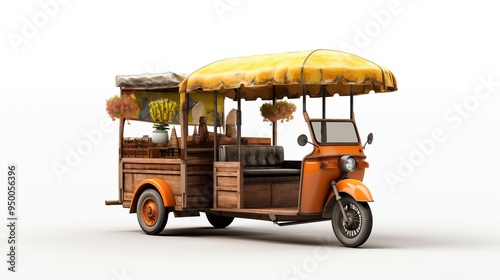 A vintage wooden food cart with a yellow canopy and vibrant flowers, set against a clean, white background. Ideal for themes related to street food, outdoor markets, and traditional vehicles. photo