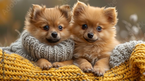 Adorable Zverg Spitz Pomeranian Puppies Posing on Green Grass photo