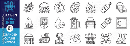 A set of line icons related to Oxygen. Tank, concentrator, ventilator, atmosphere, meter, ozone, chemical, electrolysis, mask, blood, burn, and so on. Vector outline icons set.