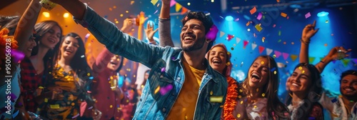 South Asian man dances with young people at nightclub party. Colorful lights and confetti create vibrant atmosphere. Group of friends having fun together.