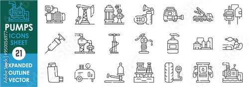 A set of line icons related to Pump. Petrol, gasoline, gas, hand, infusion, vacuum, inhaler, petroleum, tire, breast and so on. Vector outline icons set.