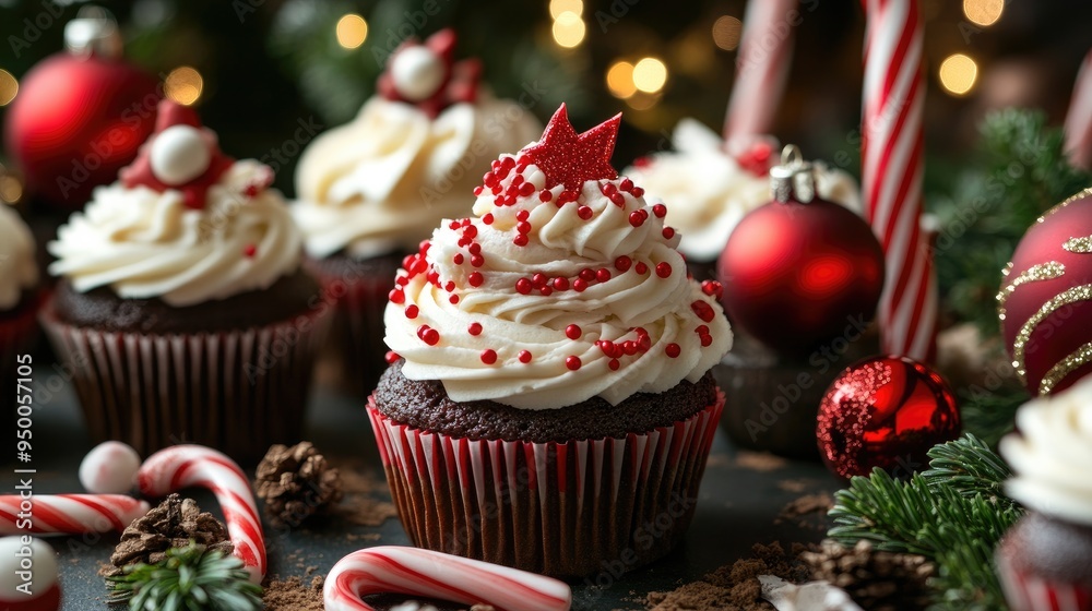 A festive cupcake display with holiday-themed decorations like ornaments and candy canes. A festive cupcake display with holiday-themed decorations like ornaments and candy canes.