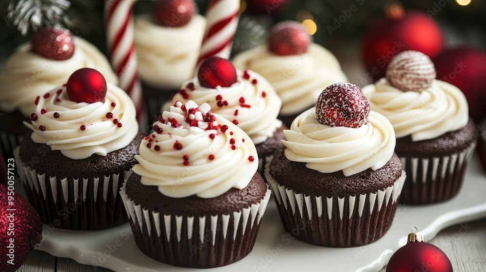 A festive cupcake display with holiday-themed decorations like ornaments and candy canes. A festive cupcake display with holiday-themed decorations like ornaments and candy canes.
