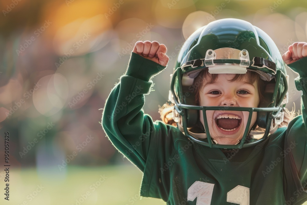 Young child celebrates winning American football game wearing green jersey and helmet, standing in front of blurred stadium background with raised arms Young child celebrates winning American football game wearing green jersey and helmet, standing in front of blurred stadium background with raised arms
