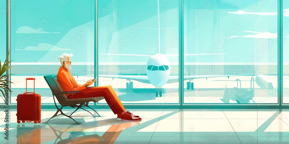 Naklejka premium Air traveler sits comfortably in airport lounge, engrossed in phone while waiting for flight. Red suitcase stands nearby amidst modern glass terminal atmosphere.
