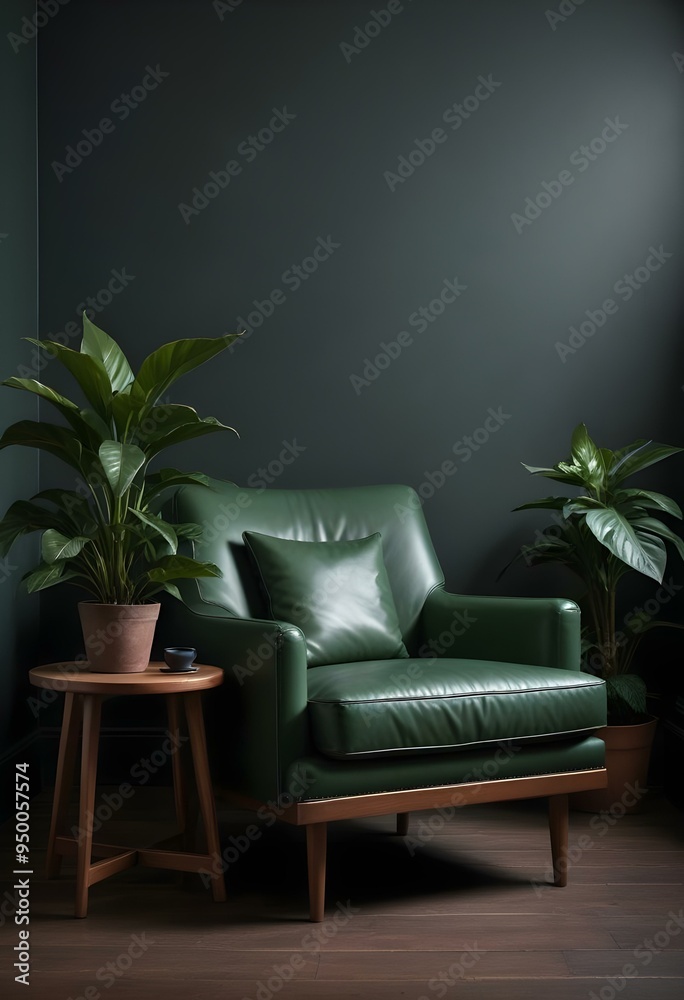 A green leather armchair in a dark, moody room with a potted plant on a wooden side table.