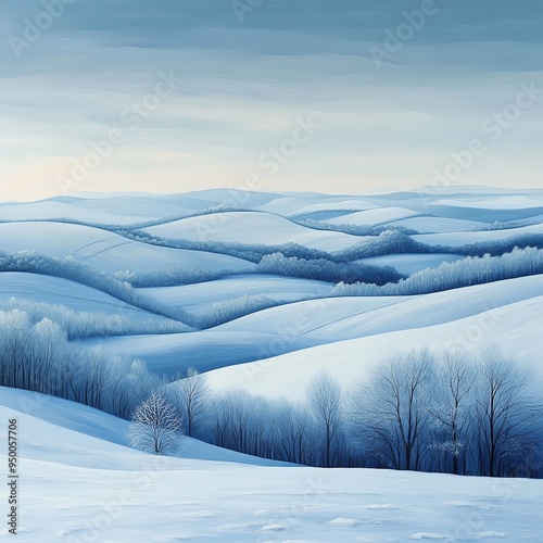 Fluffy cottonlike layers of snow covering distant rolling hills, creating a serene winter wonderland, Fluffy Distant Layers, Tranquil winter scene photo
