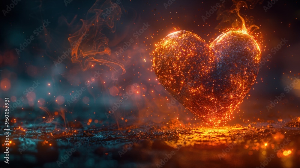 A heart-shaped object, burning brightly with flames, glowing with intensity, and emitting sparks. A heart-shaped object, burning brightly with flames, glowing with intensity, and emitting sparks.