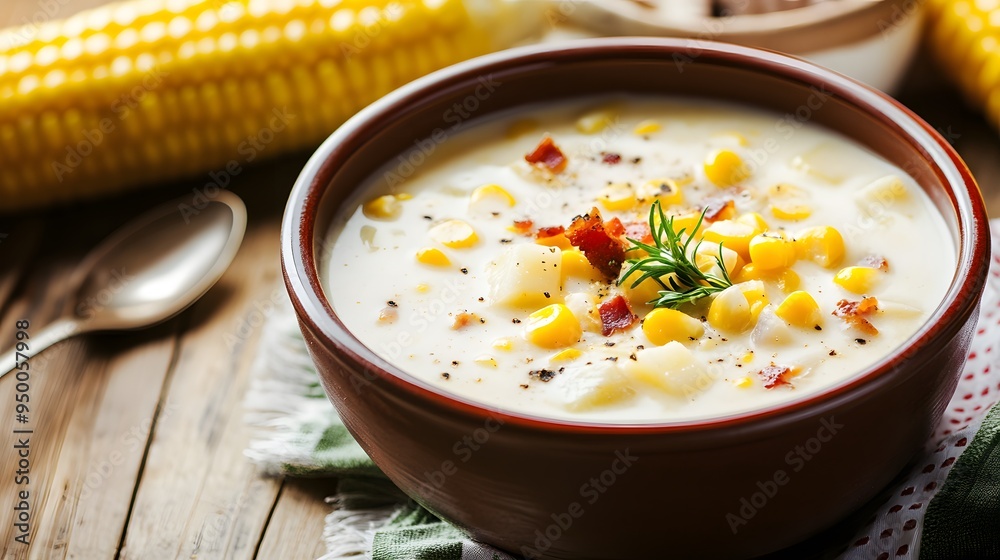 Creamy corn chowder with bacon and fresh herbs. Creamy corn chowder with bacon and fresh herbs.